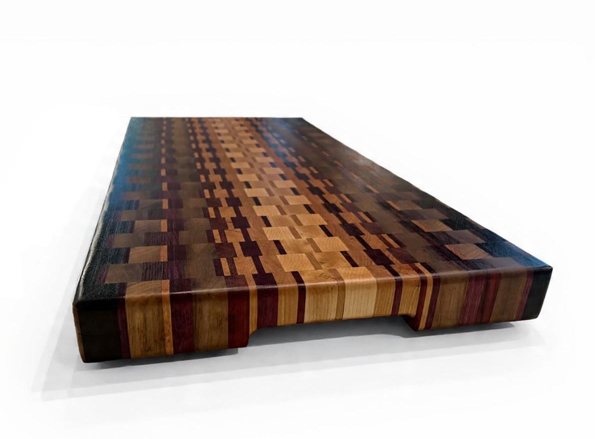 Large Chaotic End Grain Block - 26-3/4” x 12-3/8” x 1-5/8” - Wenge, Walnut, Paduk, Purple Heart, Maple, Cherry