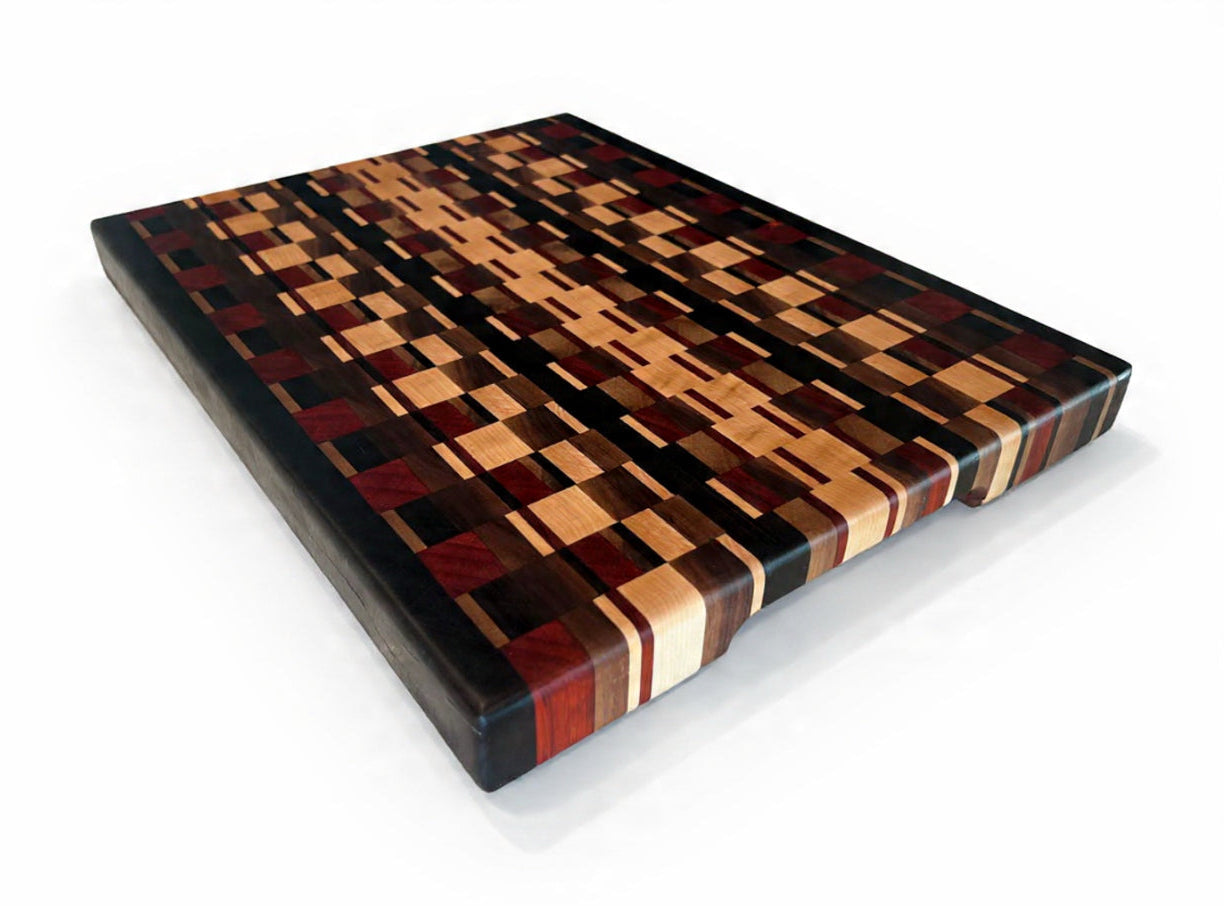 Wooden cutting board with a checkered pattern on a white background
