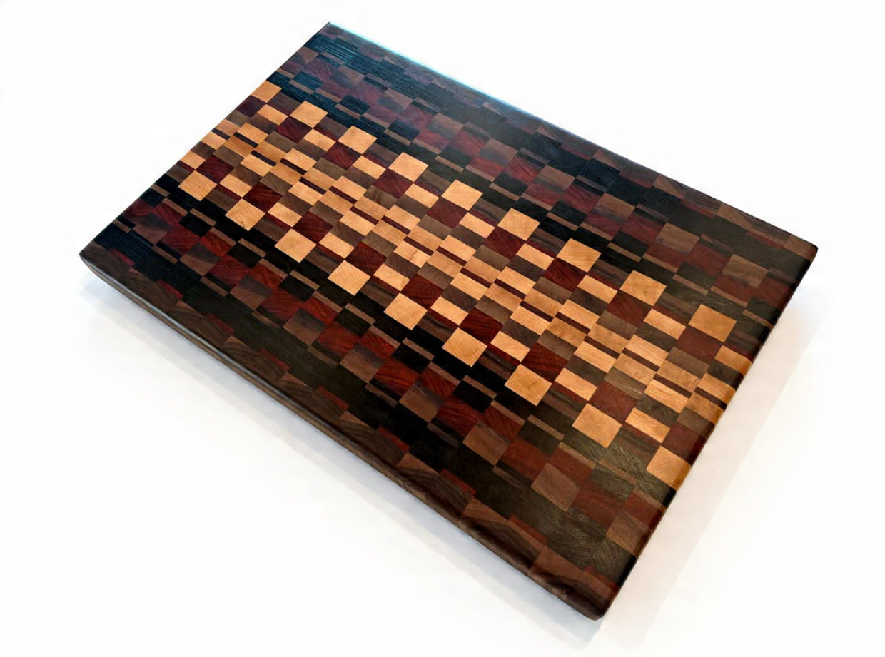 Wooden cutting board with a checkered pattern on a white background