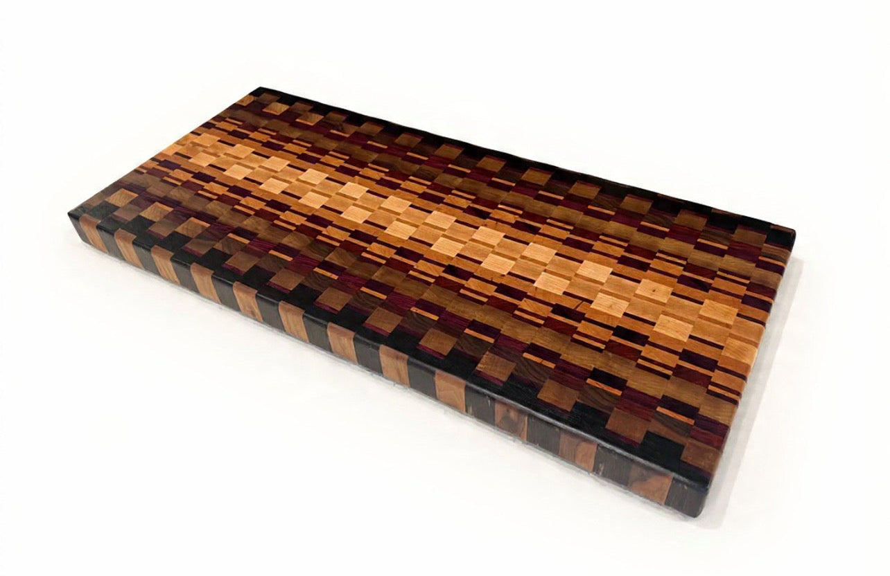 Large Chaotic End Grain Block - 26-3/4” x 12-3/8” x 1-5/8” - Wenge, Walnut, Paduk, Purple Heart, Maple, Cherry