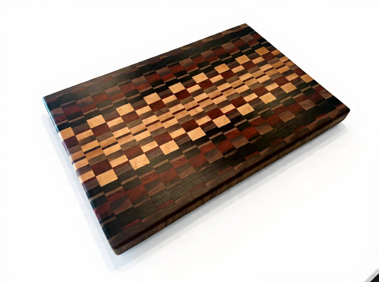 Wooden cutting board with a checkered pattern on a white background