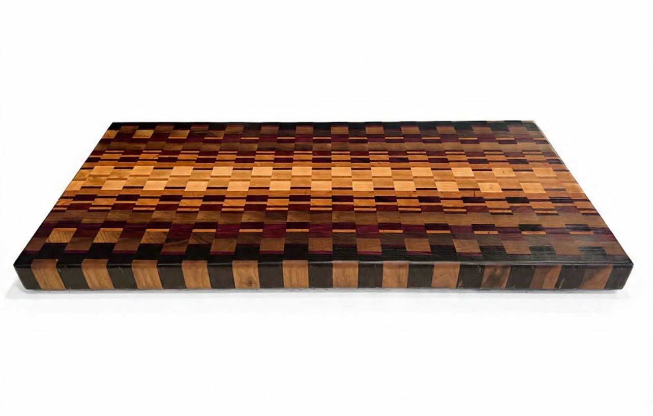 Large Chaotic End Grain Block - 26-3/4” x 12-3/8” x 1-5/8” - Wenge, Walnut, Paduk, Purple Heart, Maple, Cherry