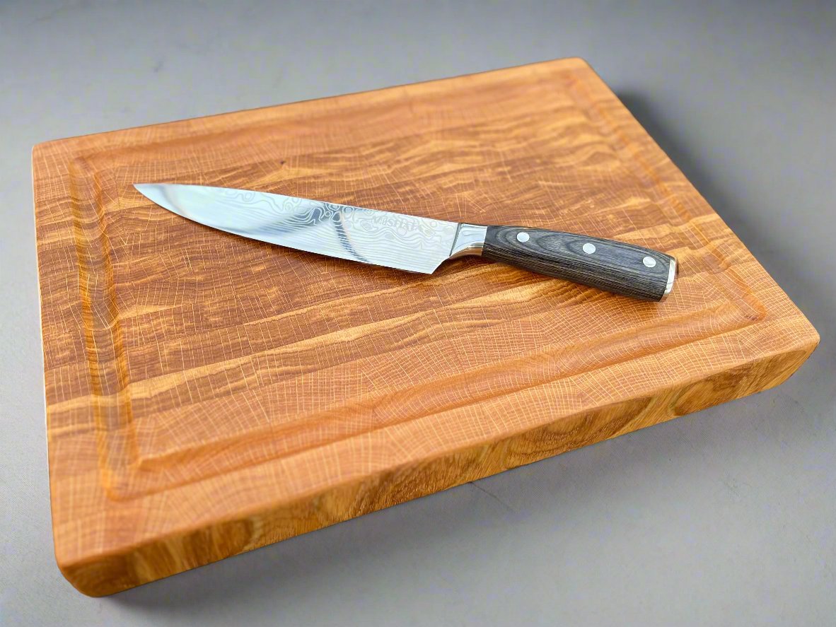 White oak cutting board with a textured end grain surface, showcasing its natural wood patterns and durability