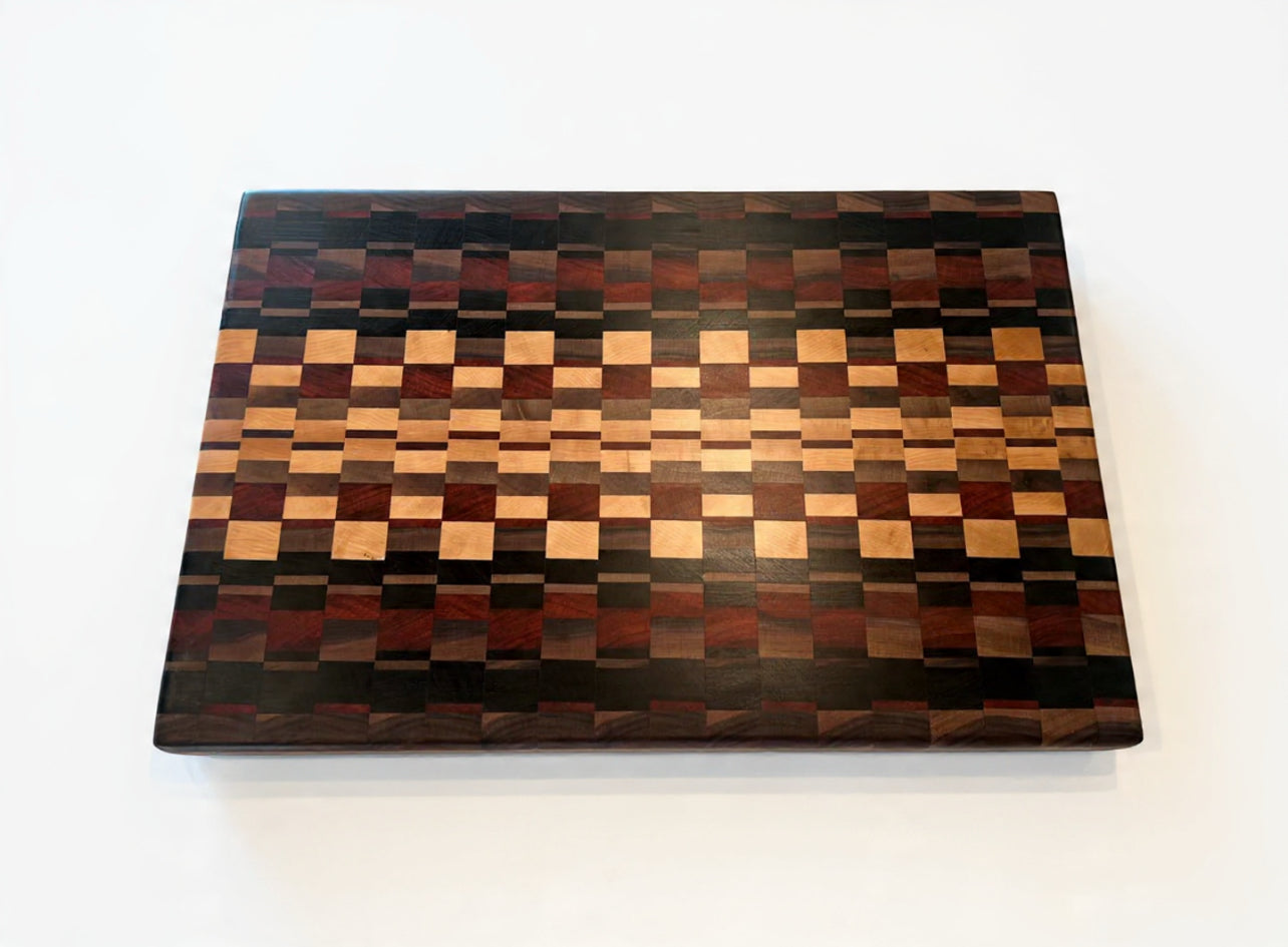 Wooden cutting board with a checkered pattern on a white background