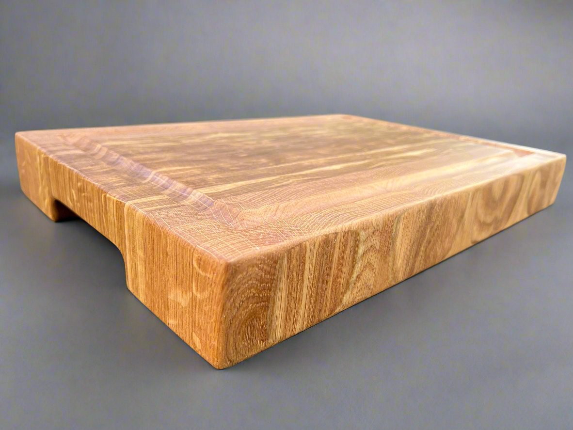 White oak cutting board with a textured end grain surface, showcasing its natural wood patterns and durability