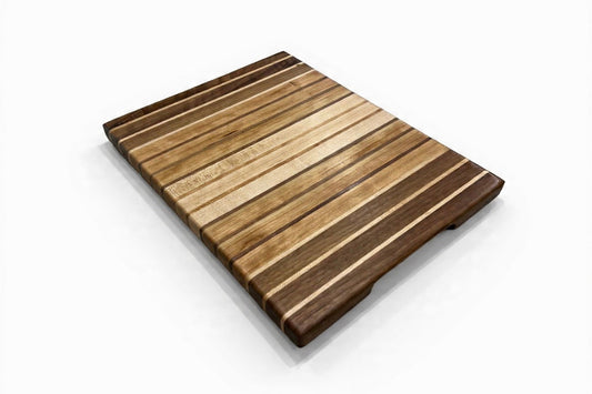 Wooden cutting board with striped pattern on a white background