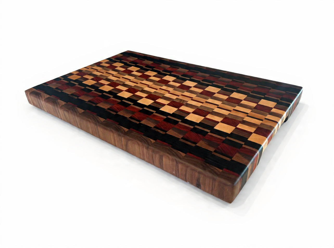 Wooden cutting board with a checkered pattern on a white background
