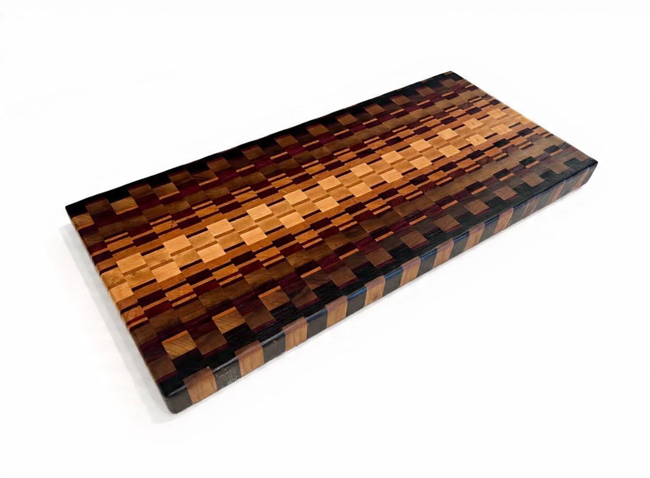 Large Chaotic End Grain Block - 26-3/4” x 12-3/8” x 1-5/8” - Wenge, Walnut, Paduk, Purple Heart, Maple, Cherry